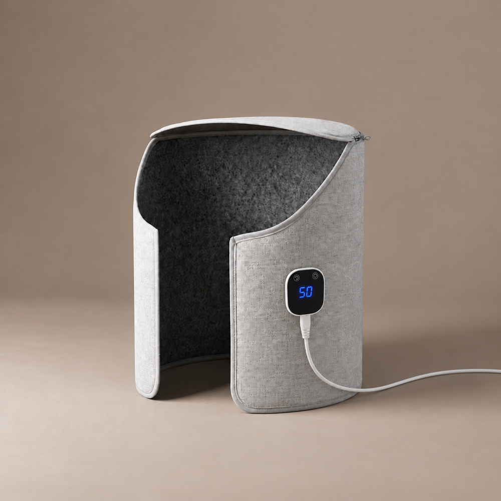Gloeivoetjes Cocon, elektrische voetenwarmer in grijs vilt met open zijkant en digitaal display