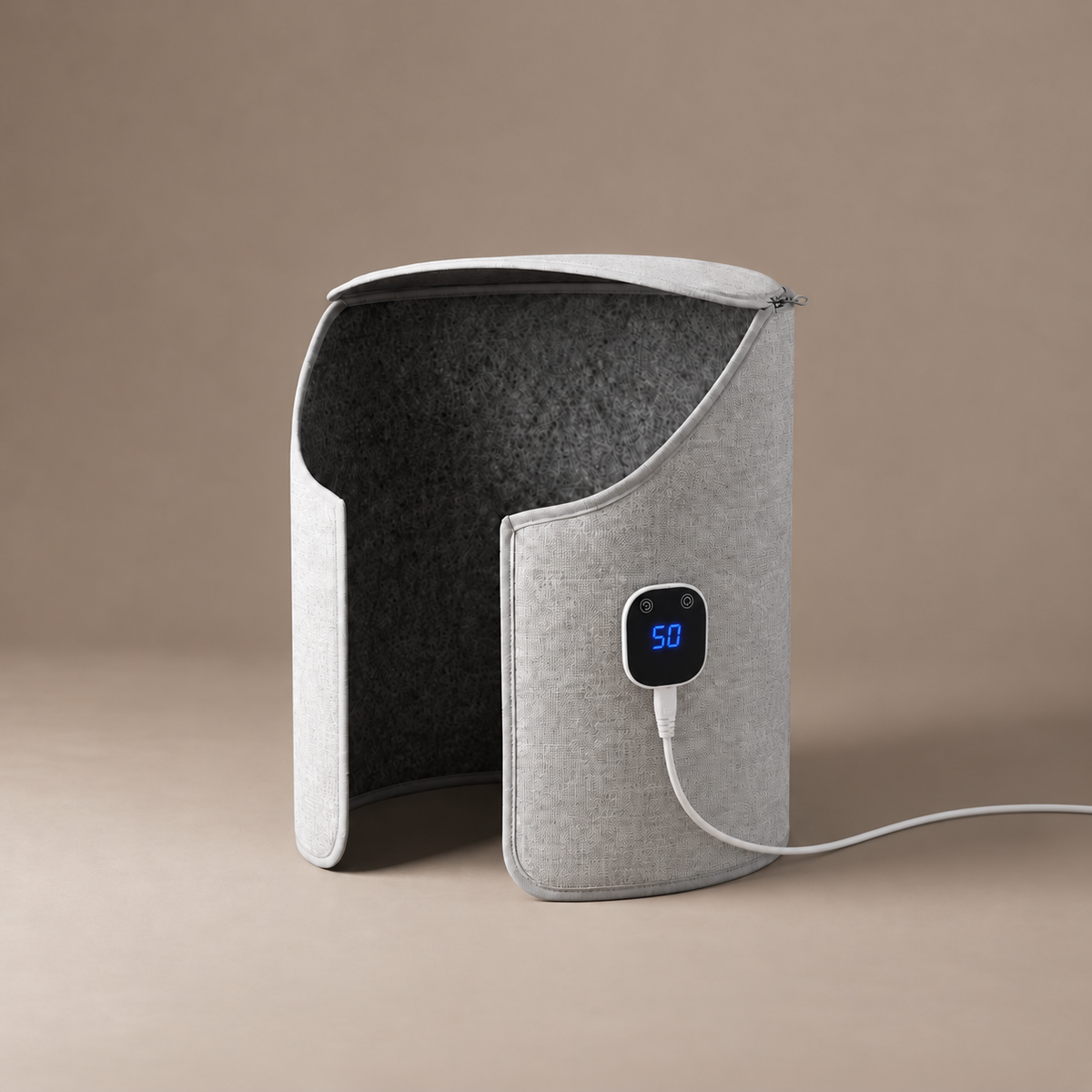 Gloeivoetjes Cocon, elektrische voetenwarmer in grijs vilt met open zijkant en digitaal display