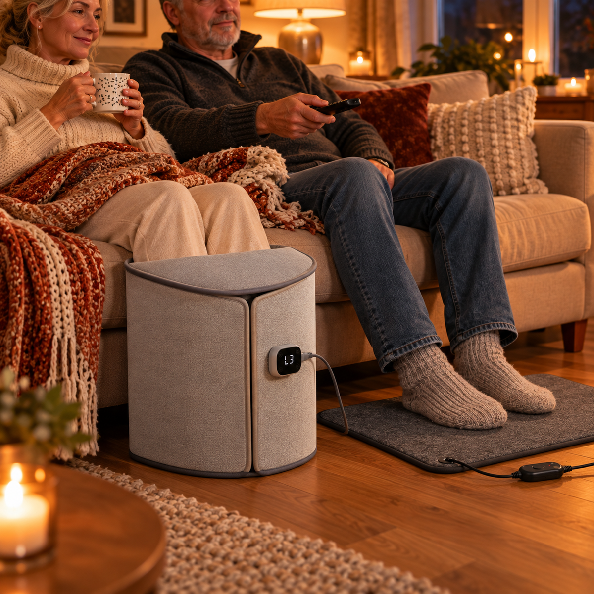 Stel op de bank in de woonkamer met de Gloeivoetjes Cocon en Warmtemat